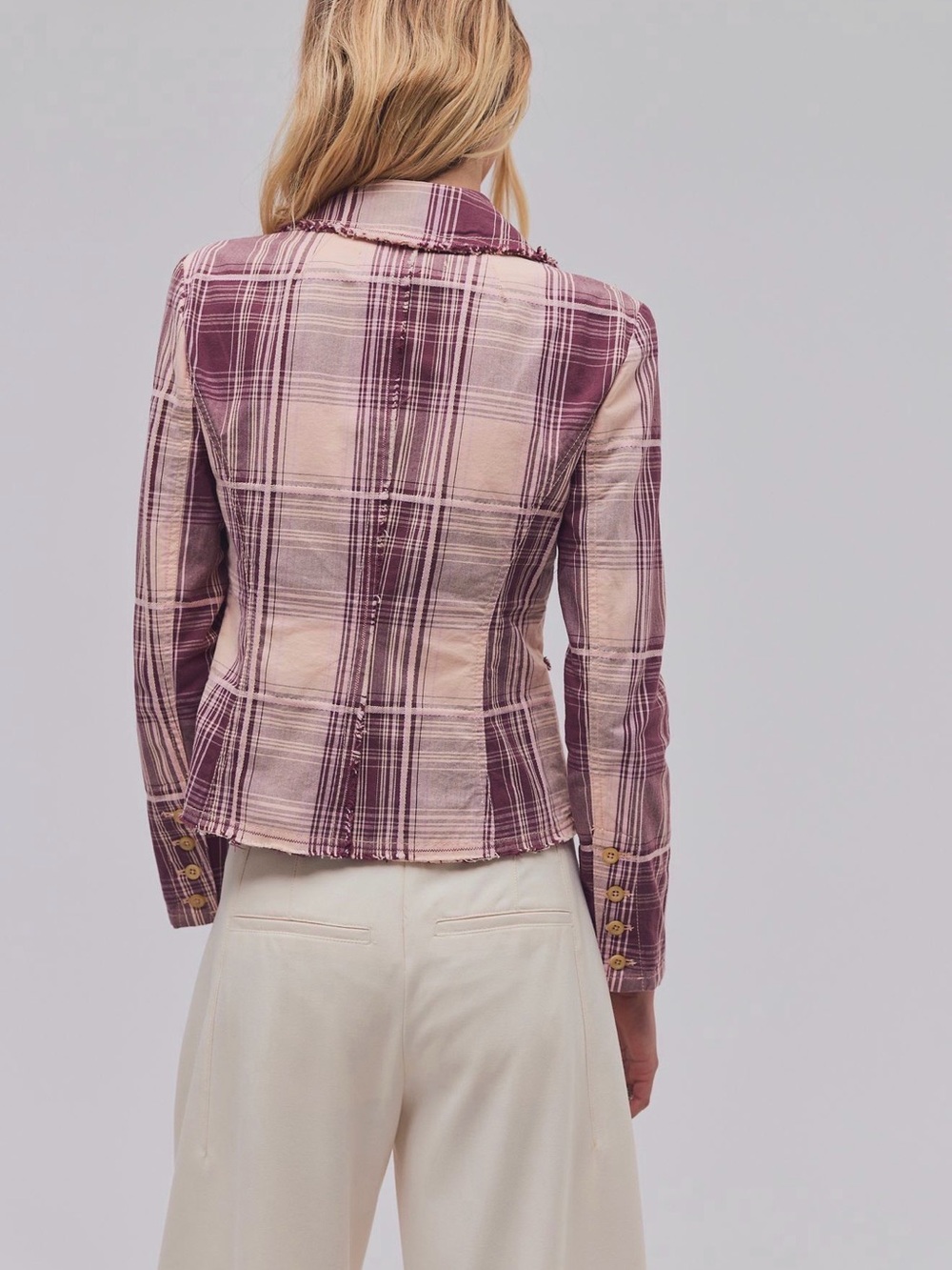 Free People Whip Smart Plaid Distressed Cotton Blazer in Peach and Maroon, NWT
